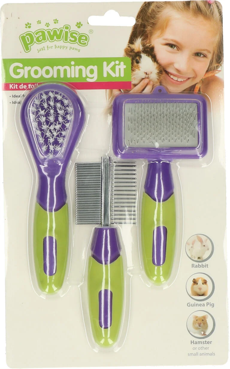 Pflegeset für Kaninchen und Nagetiere mit 3 Bürstchen, 12 bis 13 cm – Pawise Grooming Kit Rodents & Rabbits