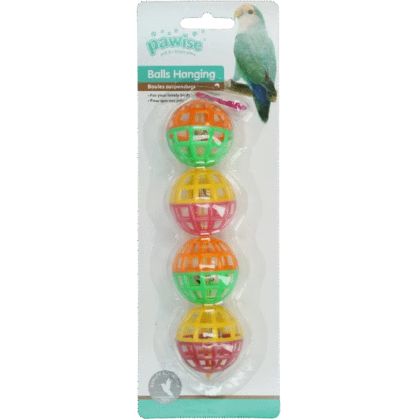 Vogelspielbälle mit Glöckchen, 4 Stück, 16 cm – Pawise Balls Hanging