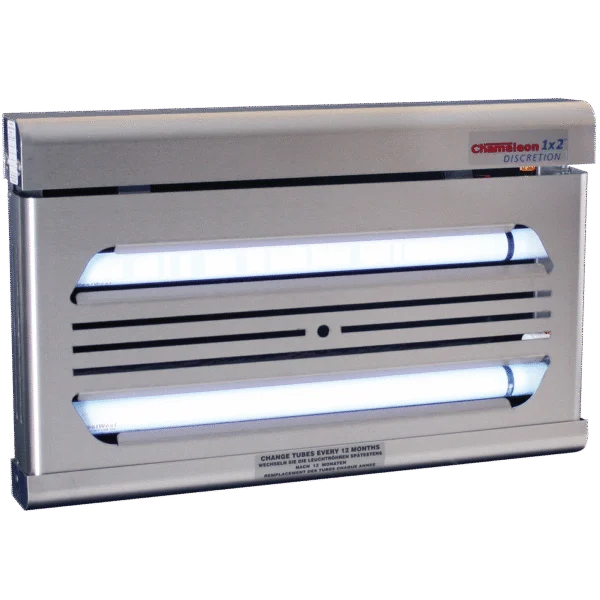 Fliegenlampe zur Wandmontage mit verdeckter Klebefläche, Edelstahl – PestWest Chameleon 1x2 Discretion