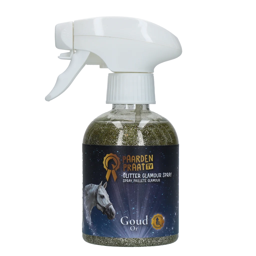 PRAA5054.png Glitzerspray für Pferde, Gold, 250 ml – Paardenpraat TV Glitter Glamour Spray – Bild 1