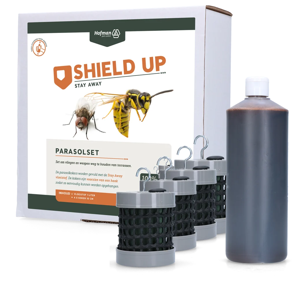 SHIE013.png Sonnenschirm Set gegen Fliegen und Wespen, 1 l Flüssigkeit und 4 Rohre – Shield Up Stay Away Sonnenschirm Set – Bild 1