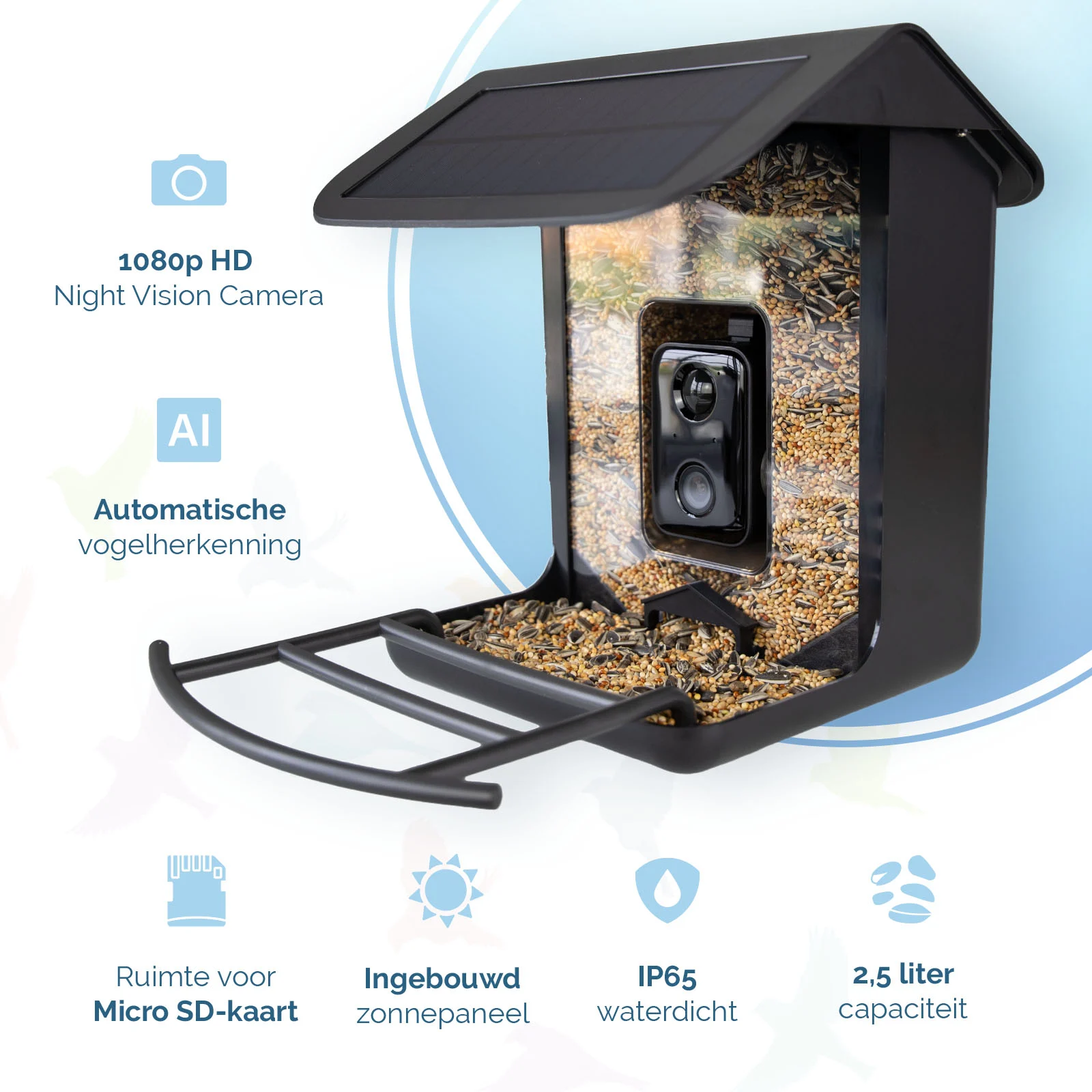 Vogelhaus mit Kamera und Solarpanel, 1,5 l – Hofman Animal Care AI Bird Feeder – Bild 2