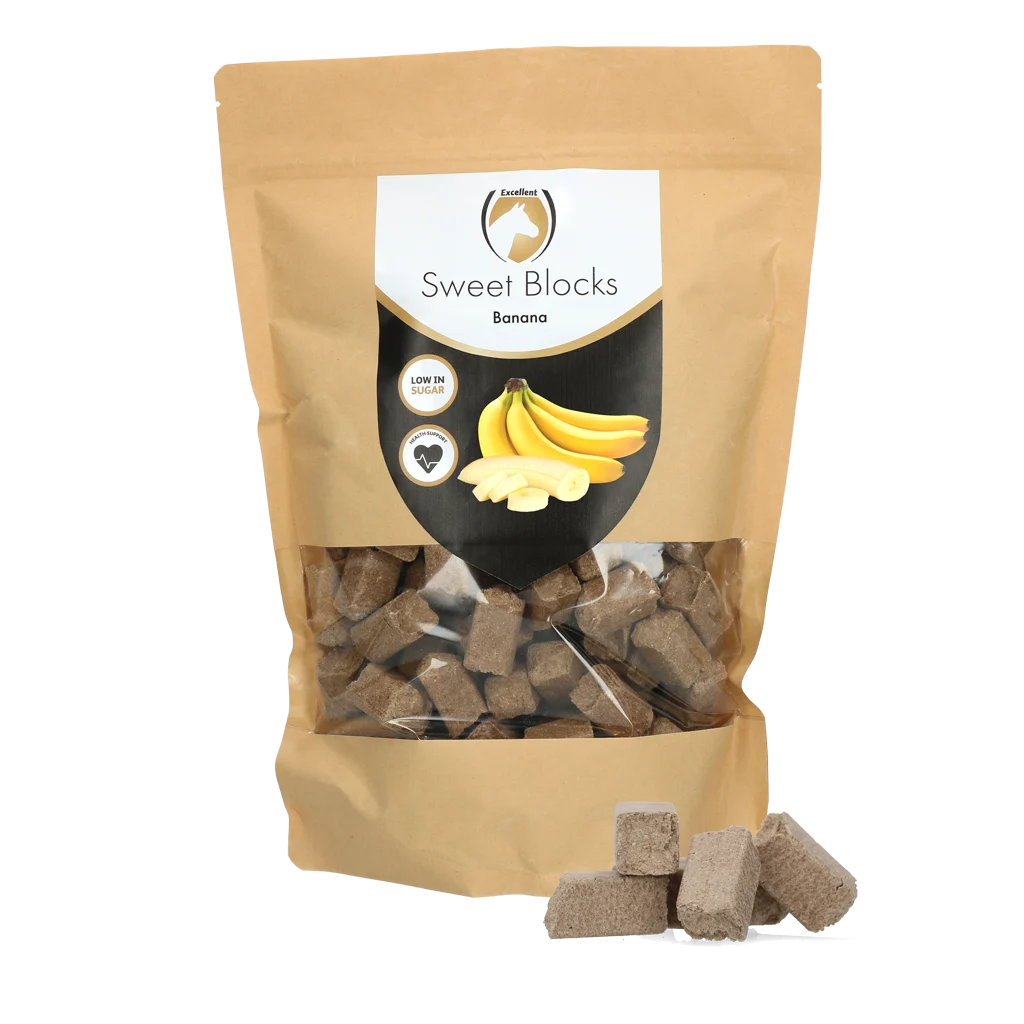 SWEE0013.png Pferdeleckerlis mit Banane, zuckerarm, 1 kg – Excellent Horse Sweet Blocks – Bild 1