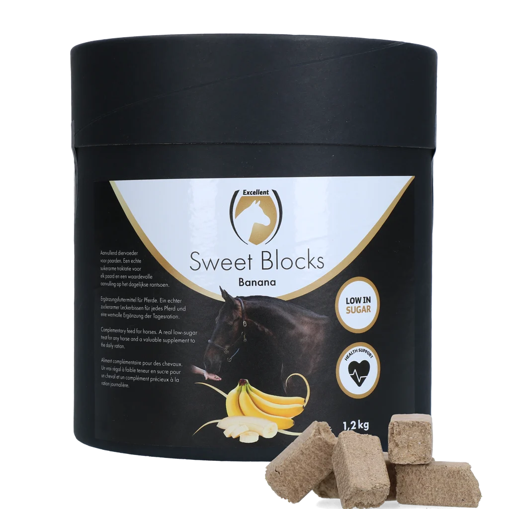 SWEE003AD.png Pferdeleckerlis Banane, zuckerarm, 1,2 kg – Excellent Horse Sweet Blocks – Bild 1