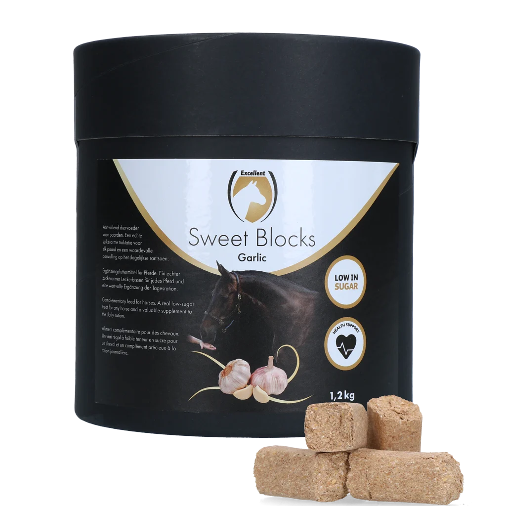 SWEE006AD.png Pferdeleckerli mit Knoblauch, zuckerarm, 1,2 kg – Excellent Horse Sweet Blocks – Bild 1