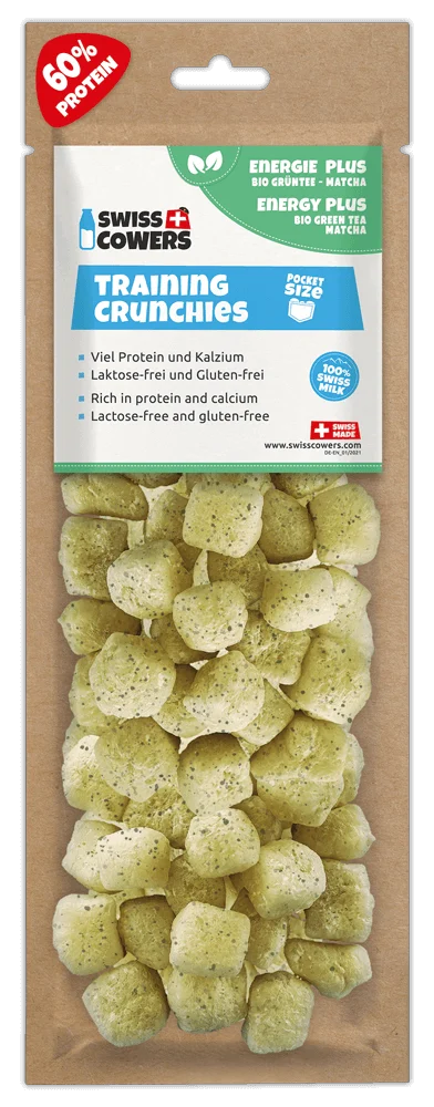 SWIS110320.png Trainingssnacks für Hunde aus Käse mit Grüntee, 30 Belohnungsstücke – SwissCowers Cheese Crunchies Training Energy Plus – Bild 1