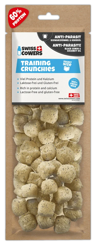 SWIS110330.png Käse Trainingssnacks für Hunde mit Schwarzkümmel und Kokosöl, 30 Belohnungen – SwissCowers Cheese Crunchies Training Anti-Parasite – Bild 1