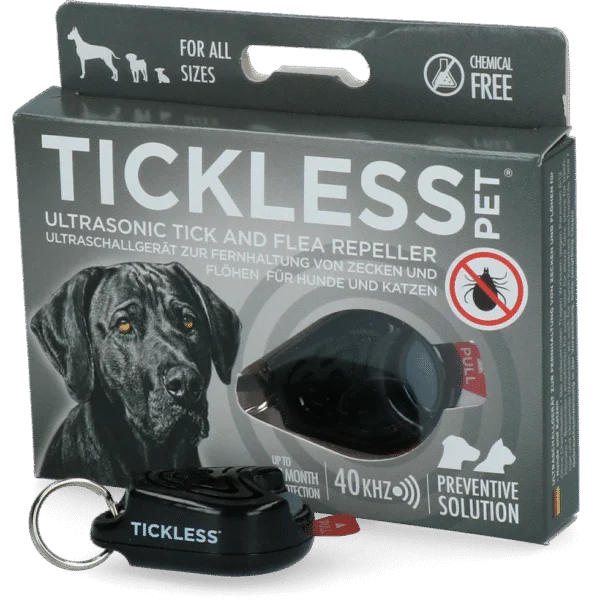 Gerät zur Abwehr von Zecken und Flöhen für Hunde und Katzen mit Ultraschall, Schwarz – Tickless Pet