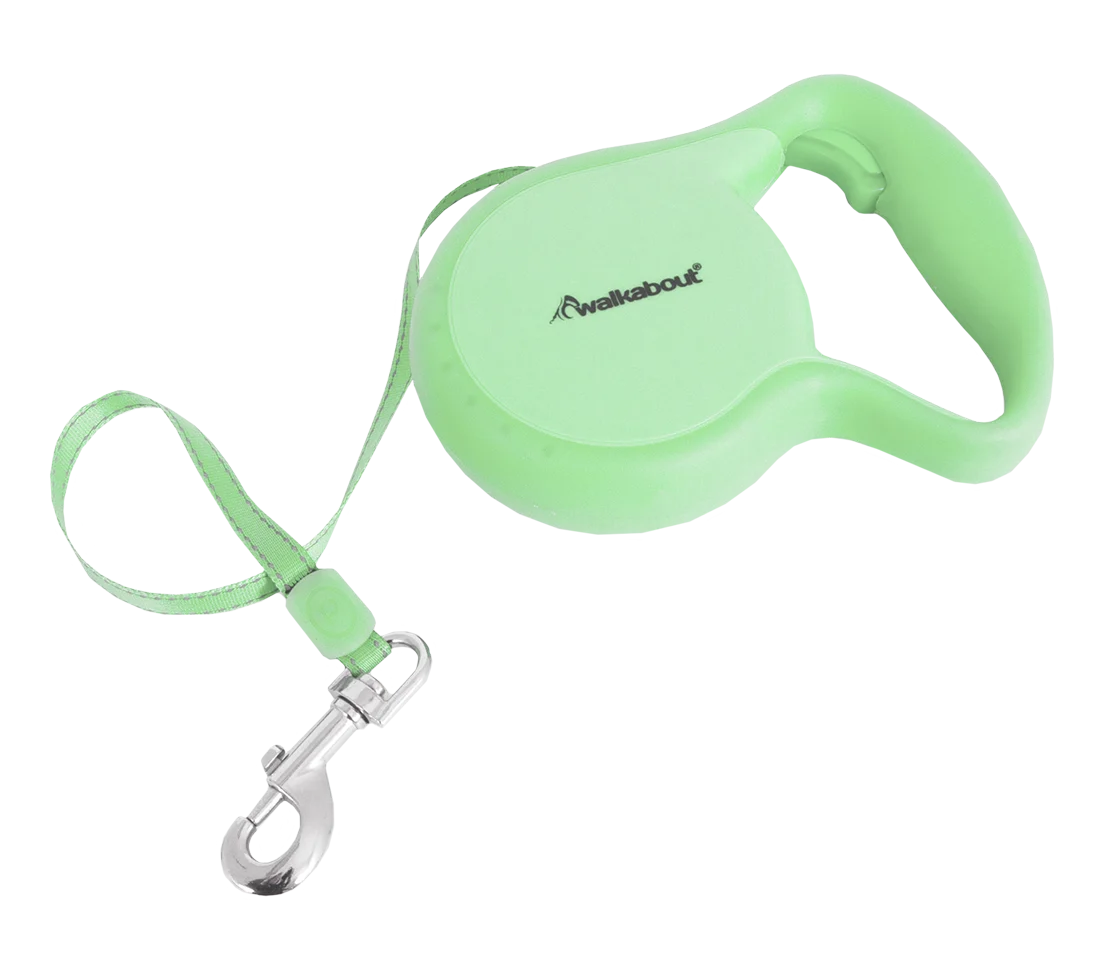 WALK02409-1.png Flexileine für Hunde mit Handschlaufe, Größe L, 4,9 Meter – Petmate Walkabout Retractable Leash Glow in the Dark – Bild 1