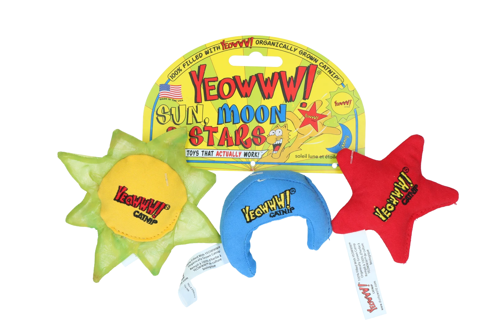 Katzenspielzeug Sonne, Mond und Sterne mit Katzenminze, 3 Stück, ca. 8 bis 10 cm – Yeowww! Sun Moon and Stars – Bild 2