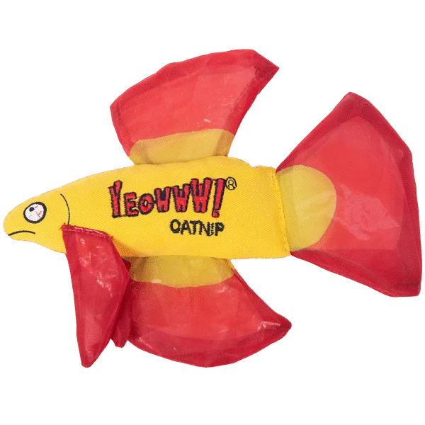 Katzenspielzeug Fisch mit Katzenminze und knisternden Flossen, Rot, 17 x 12 cm – Yeowww! Mo Betta Fish
