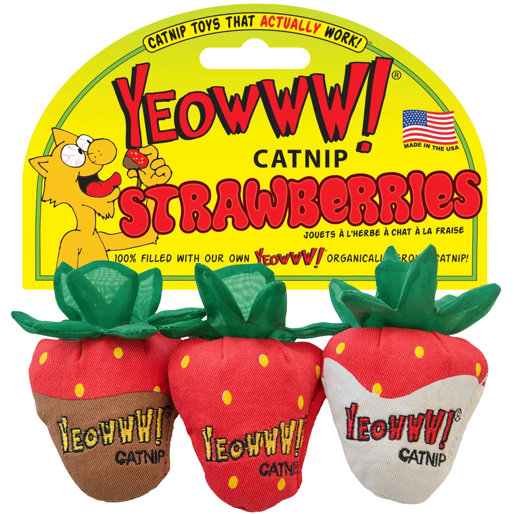 YEOW061D.png Katzenspielzeug Erdbeere mit Katzenminze und Knisterblättern, 3 Stück – Yeowww! Strawberry 3-pack – Bild 1