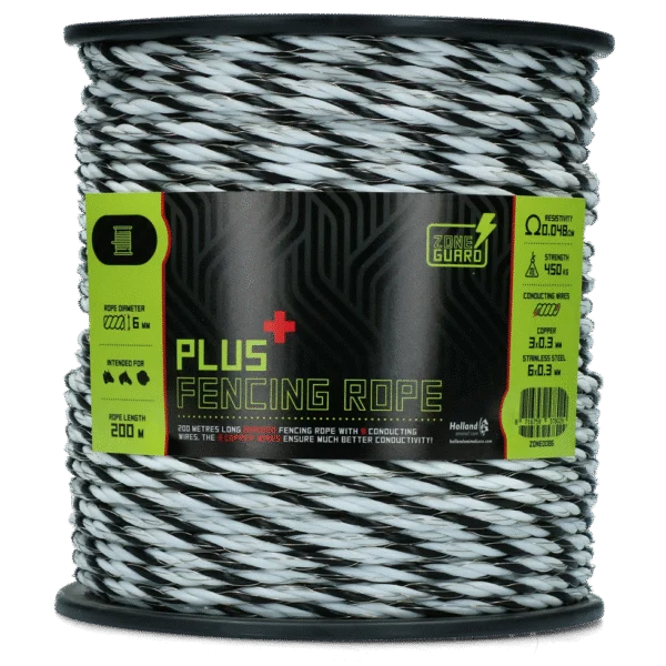 Weidezaunseil 6 mm Schwarz und Weiß mit 9 Leitern, 200 m – ZoneGuard Plus