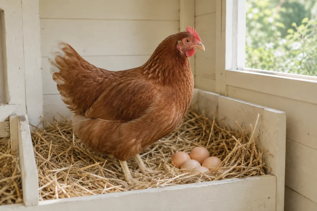 Eine braune Henne steht bei mehreren Eiern in einem Nest mit Stroh.