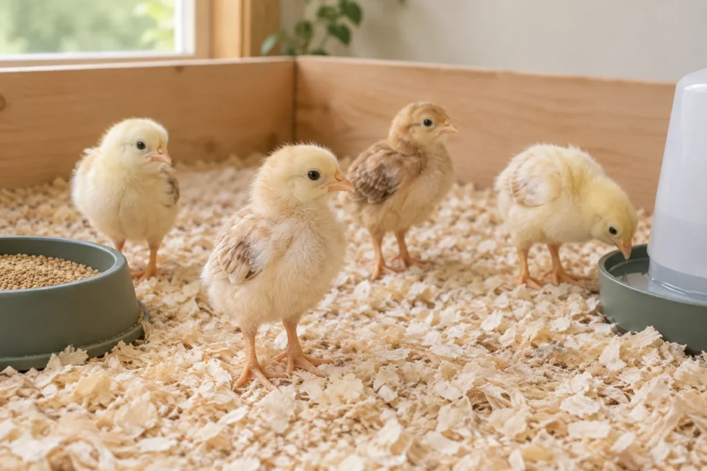 Vier Küken auf Holzspänen in einer hölzernen Unterbringung, mit Futter links und einer Tränke rechts.