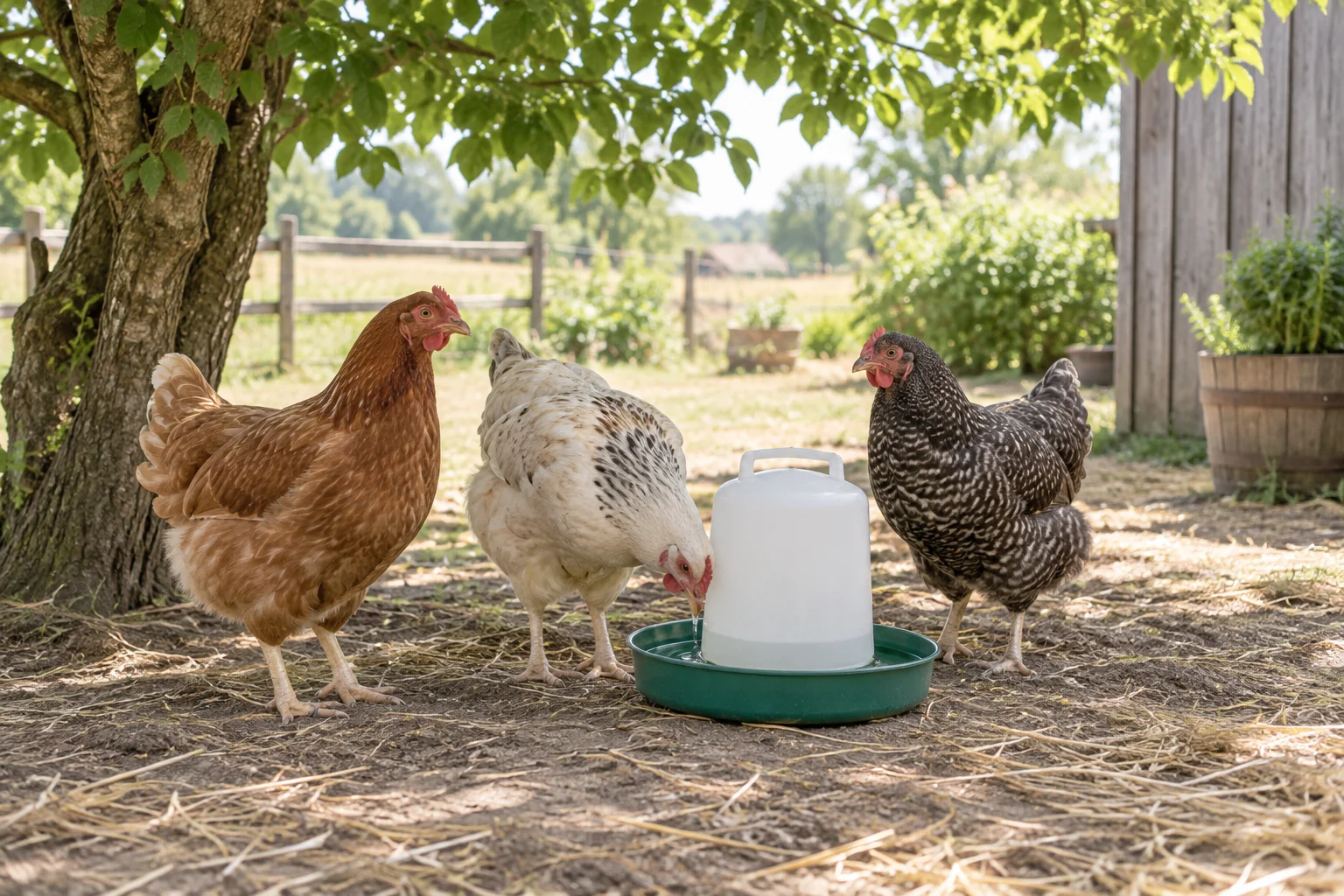 Drei Hühner stehen im Schatten eines Baums bei einer Tränke; ein Huhn trinkt.