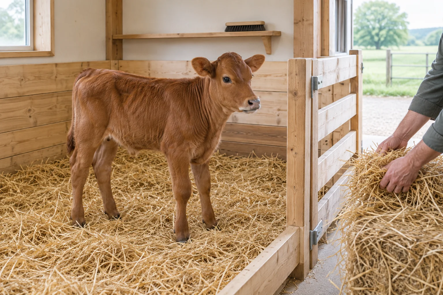 Ein braunes Kalb steht auf Stroh in einer Holzbucht, während jemand neben dem Gatter Stroh in der Hand hält.