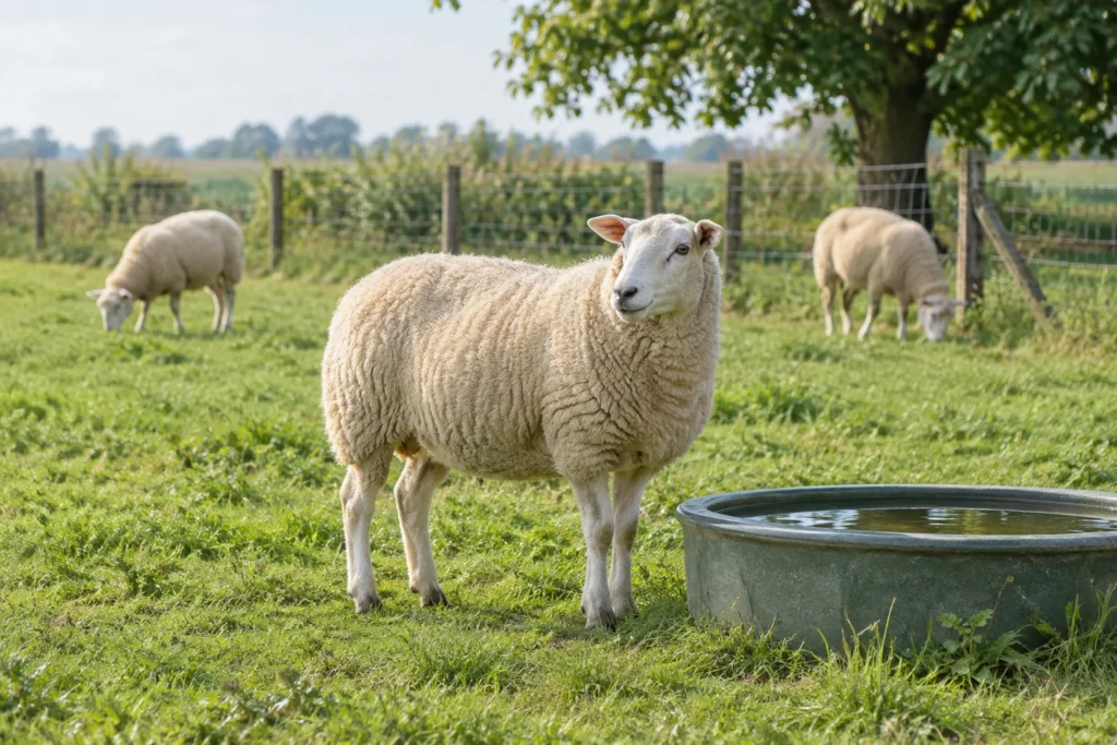 Drei Schafe auf einer grünen Weide; das vordere Schaf steht neben einem Wassertrog, im Hintergrund ist ein Zaun zu sehen.