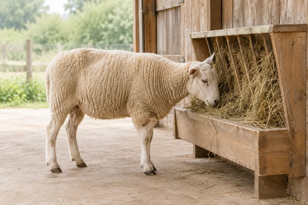 Ein weißes Schaf steht mit allen vier sichtbaren Beinen neben einem hölzernen Futtertrog mit Heu.