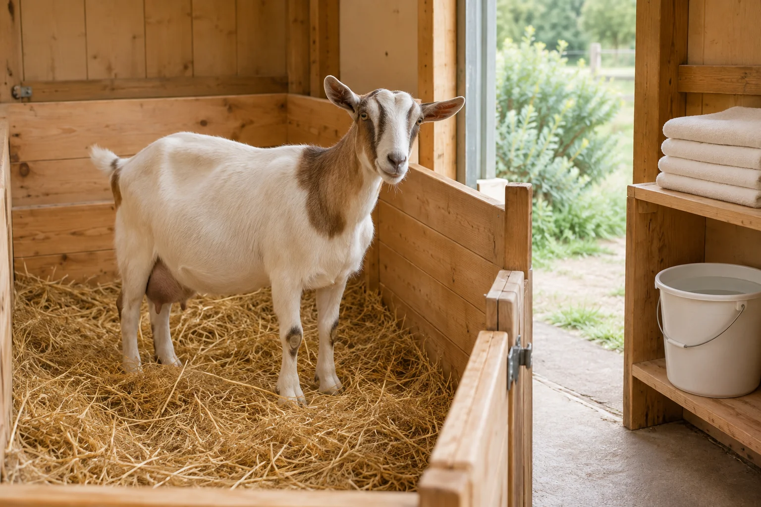 Eine Ziege steht auf Stroh in einem Holzstall. Auf einem Regalbrett liegen gefaltete Tücher und steht ein Eimer.