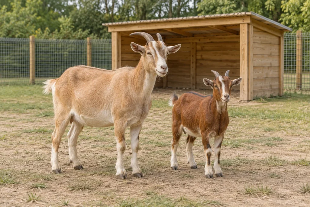 Zwei unterschiedlich große Ziegen auf einer umzäunten Weide bei einem hölzernen Unterstand.