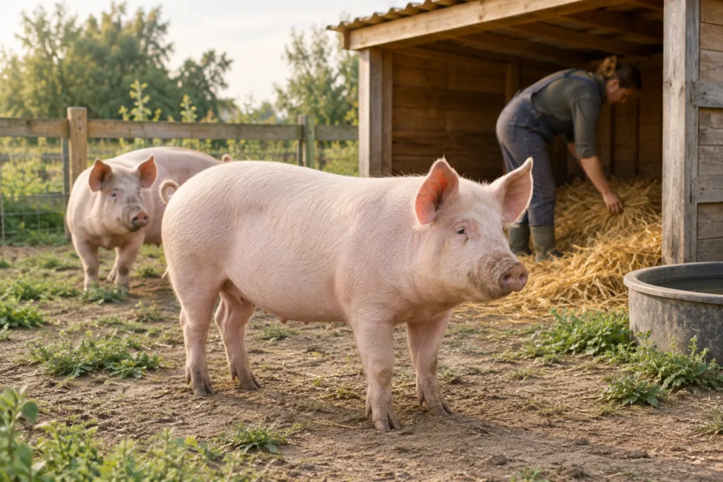 Zwei Schweine an einem hölzernen Unterstand, während jemand das Stroh in der Unterkunft kontrolliert.