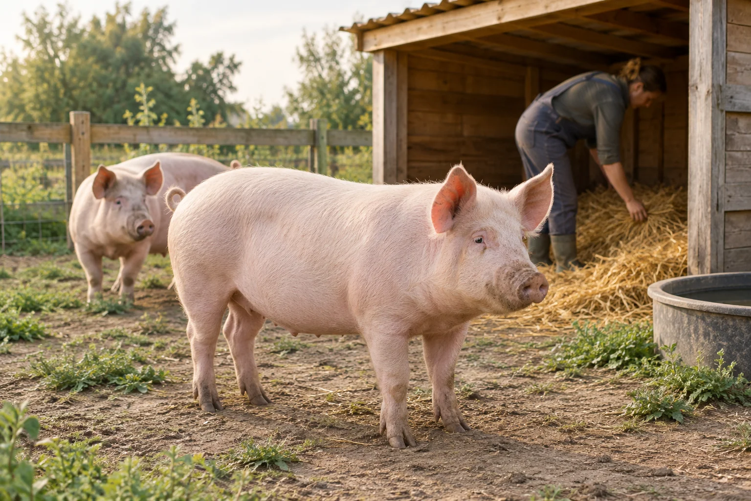 Zwei Schweine an einem hölzernen Unterstand, während jemand das Stroh in der Unterkunft kontrolliert.