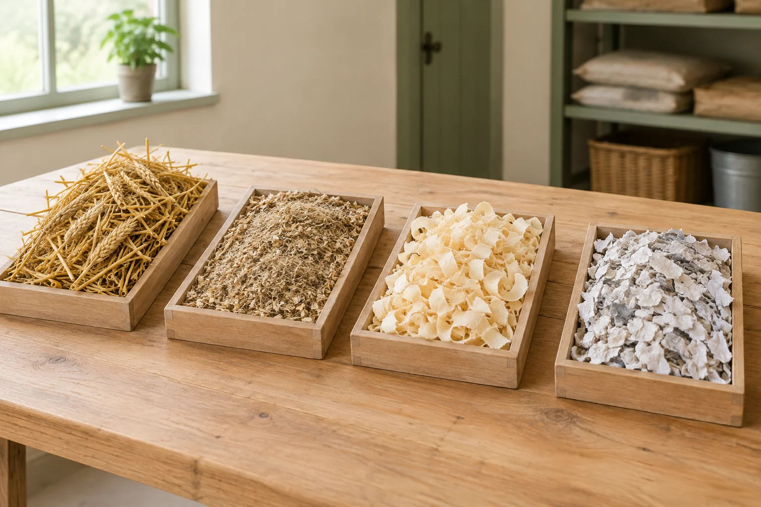 Vier Holzkisten mit Getreidehalmen, feiner pflanzlicher Einstreu, Holzspänen und Papierschnipseln auf einem Holztisch.