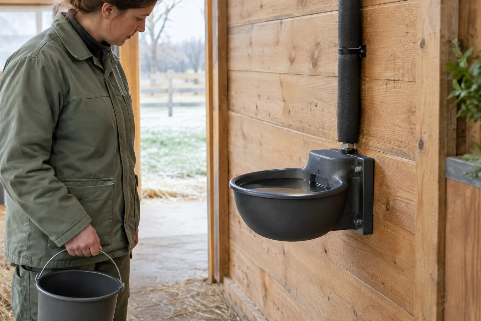 Eine Person mit einem Eimer schaut auf ein mit Wasser gefülltes Tränkebecken an einer hölzernen Stallwand. Über dem Becken ist eine ummantelte Leitung zu sehen.