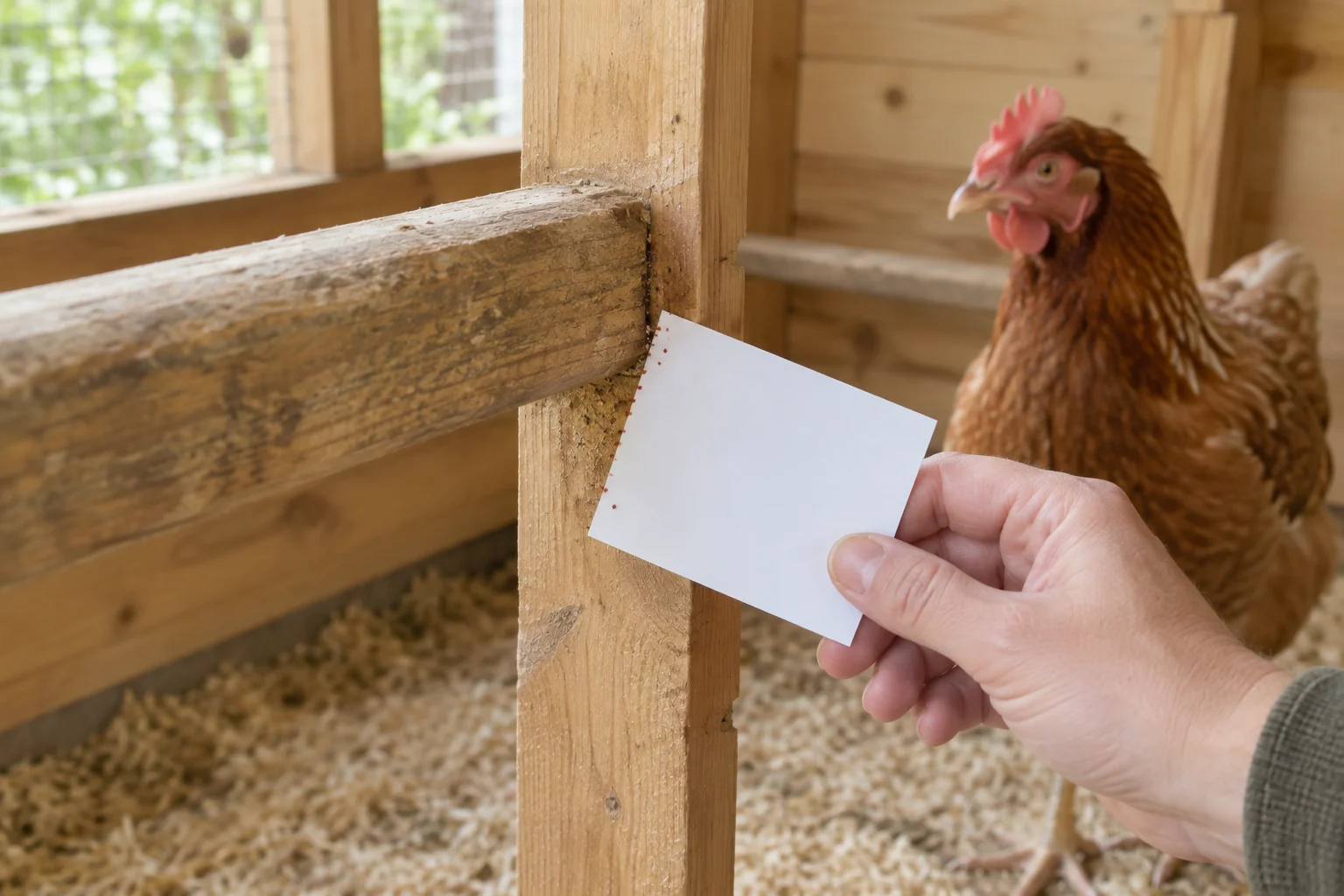 Eine Hand hält eine weiße Karte an eine Fuge einer hölzernen Sitzstange. Kleine rotbraune Punkte sind zu sehen; im Hintergrund steht ein braunes Huhn.