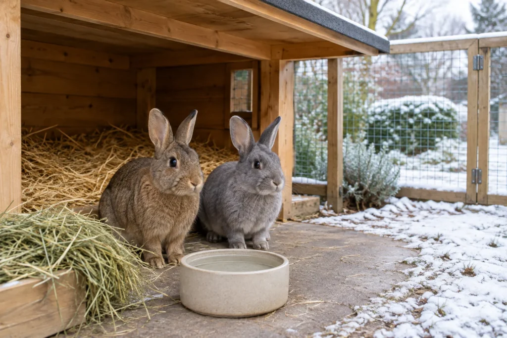 Zwei Kaninchen sitzen bei einem hölzernen Unterschlupf mit Stroh, Heu und einem Wassernapf; draußen liegt Schnee.