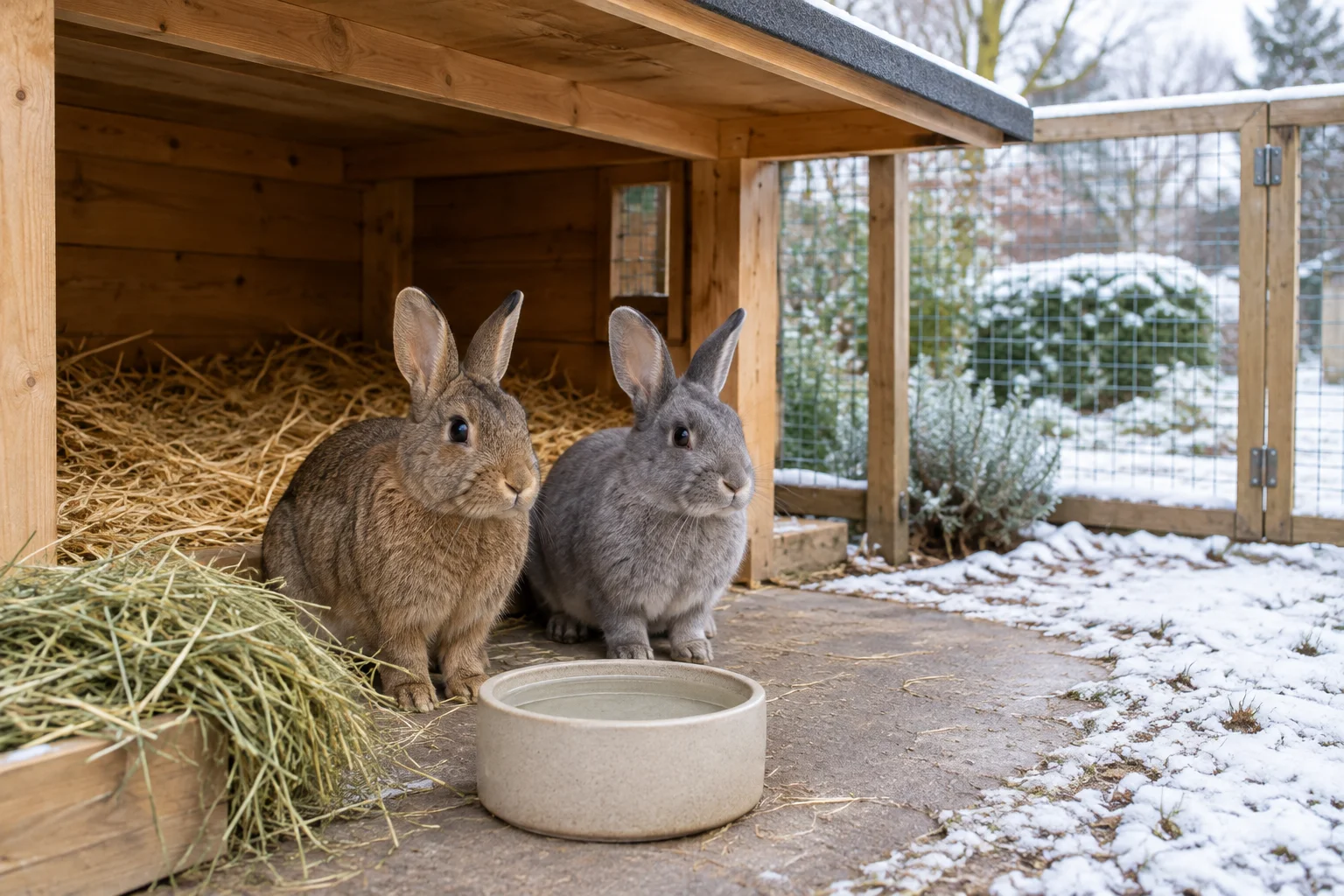 Zwei Kaninchen sitzen bei einem hölzernen Unterschlupf mit Stroh, Heu und einem Wassernapf; draußen liegt Schnee.