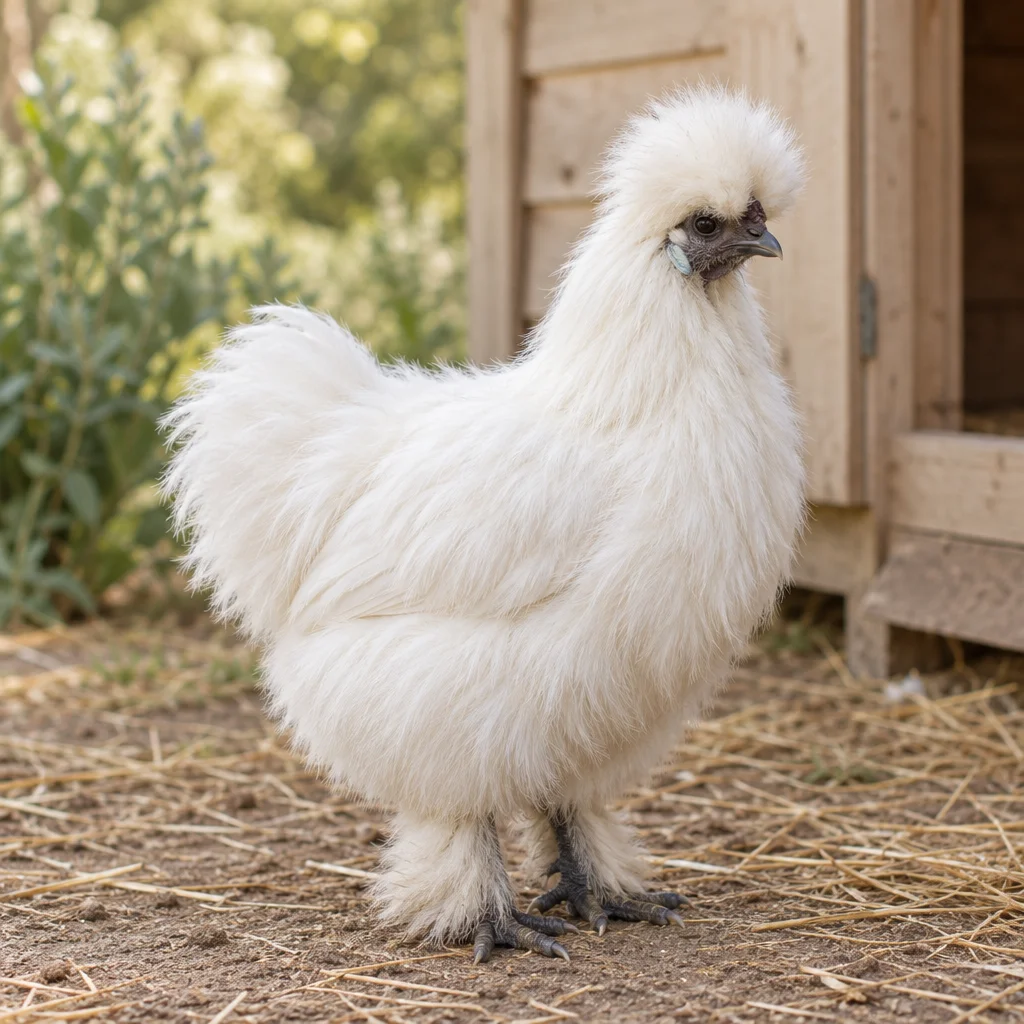 Weißes Seidenhuhn mit flauschiger Haube und befiederten Beinen steht auf Stroh vor einem Hühnerstall aus Holz.