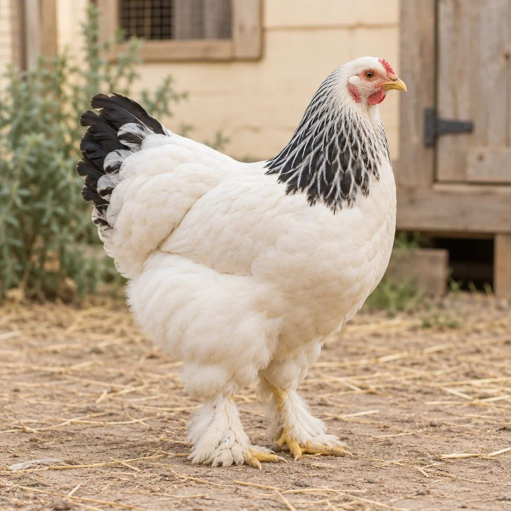 Ein großes weißes Huhn mit schwarzen Federn und befiederten Beinen steht auf trockenem Boden vor einem hölzernen Hühnerstall.