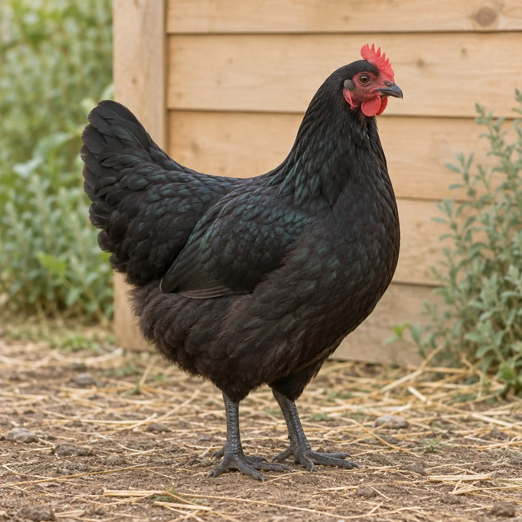 Illustration einer schwarzen Australorp Henne mit rotem Kamm neben einem Hühnerstall aus Holz.