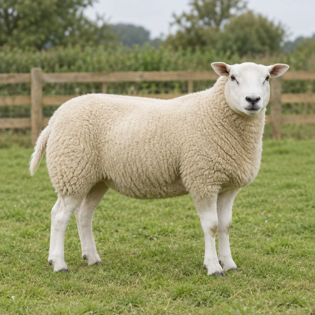 Ein weißes Schaf mit schwarzer Nase steht vollständig sichtbar auf Gras vor einem Holzzaun.