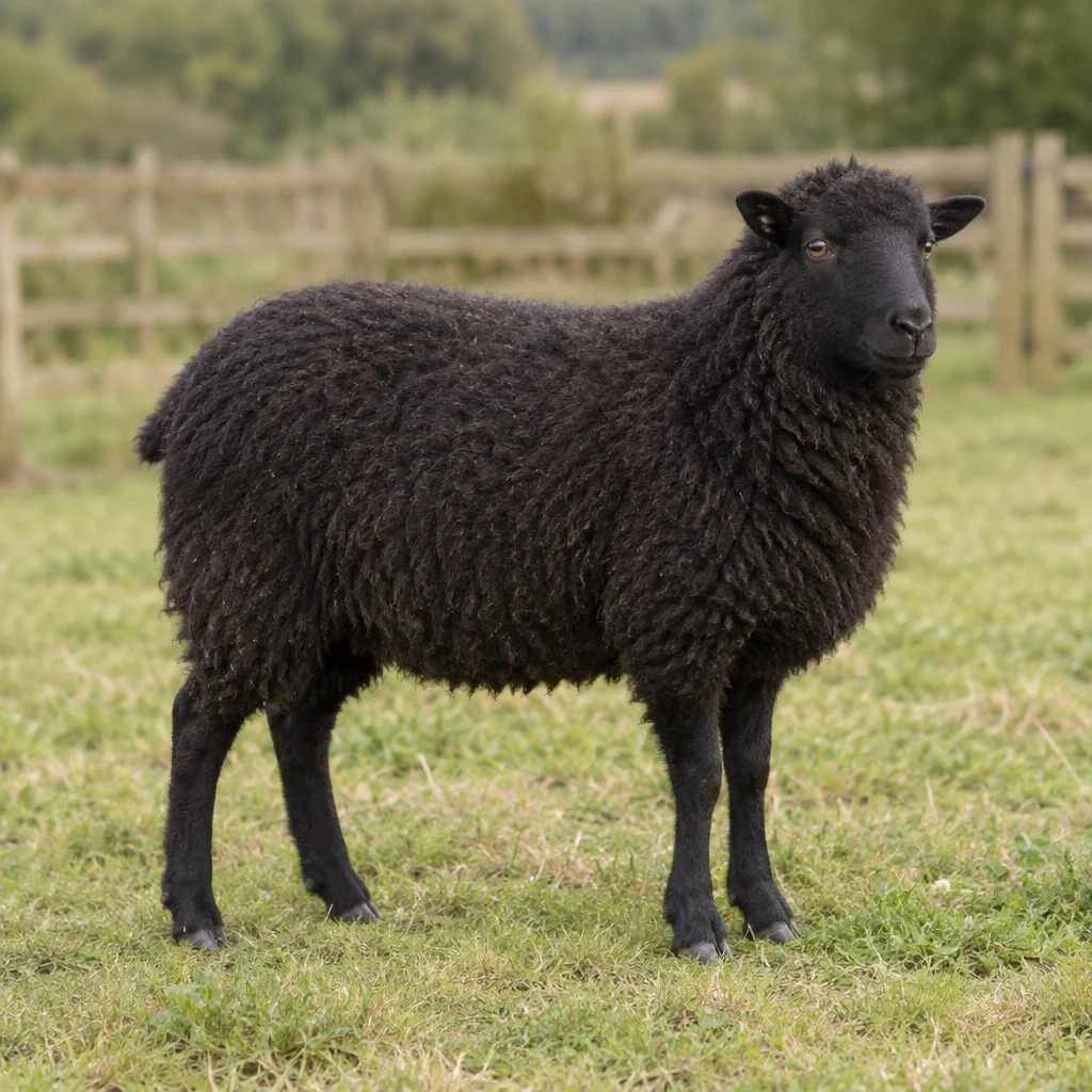 Ein schwarzes Schaf ohne Hörner steht mit vier sichtbaren Beinen auf einer Grasweide vor einem Holzzaun.