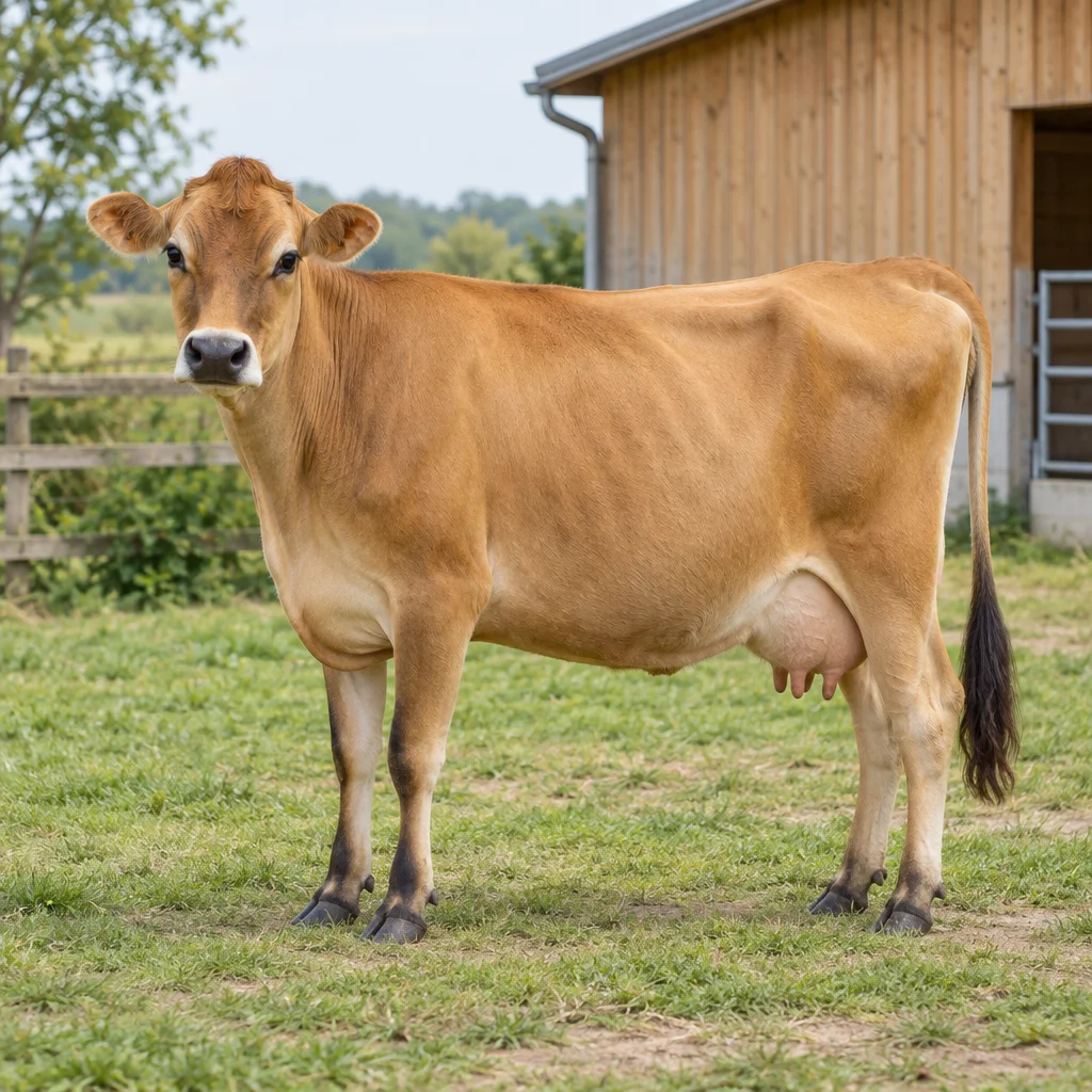 Illustration einer hellbraunen Jersey Kuh mit sichtbarem Euter auf Gras neben einem Holzstall.