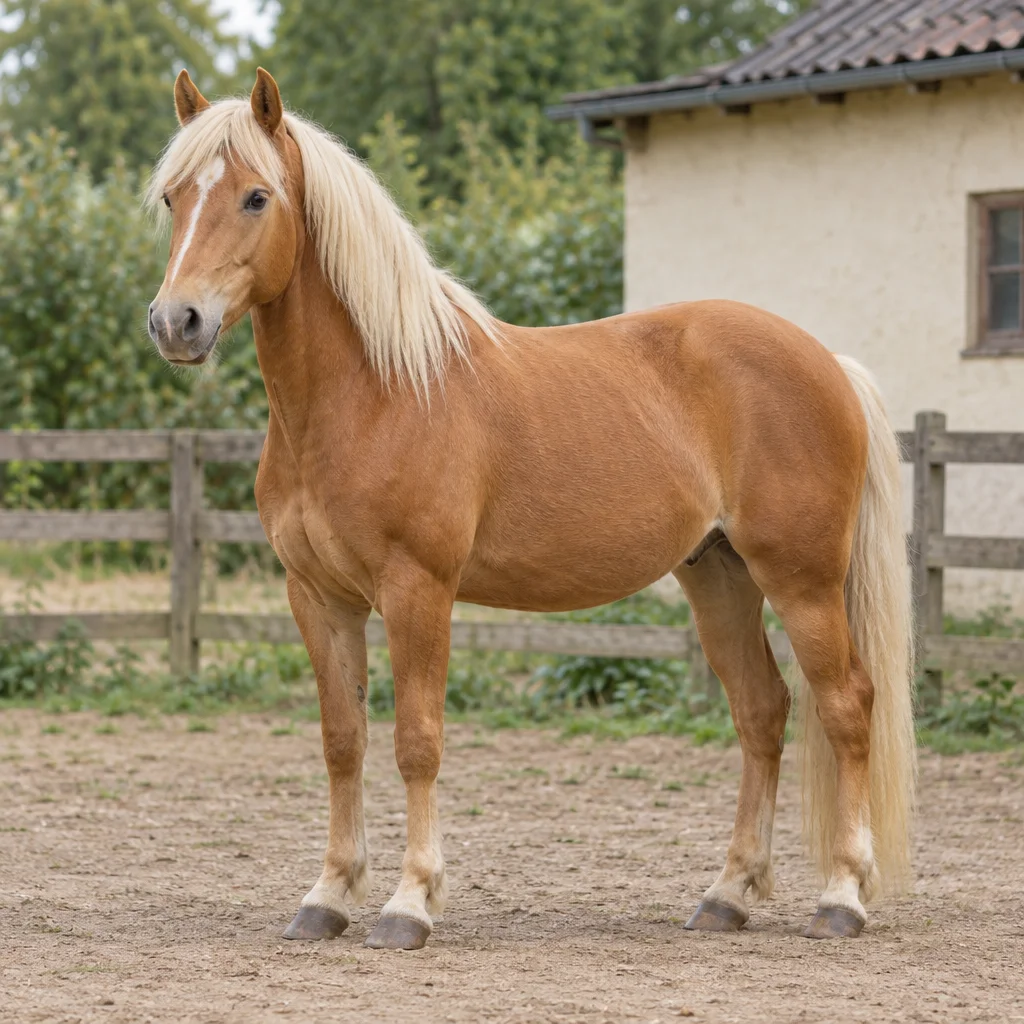 Ein fuchsfarbenes Pferd mit heller Mähne und hellem Schweif steht mit vier sichtbaren Hufen auf einem Paddock vor einem Holzzaun und einem Stall.