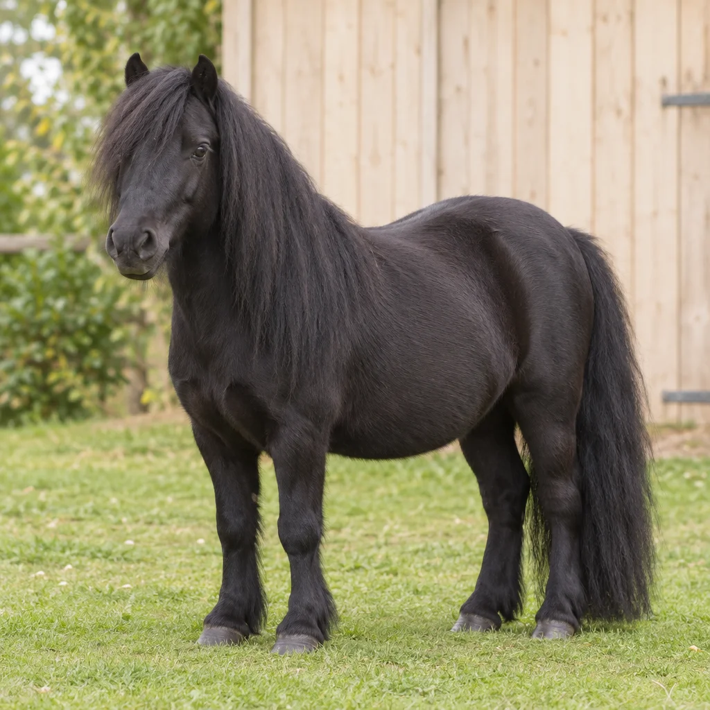Schwarzes Pony mit langer Mähne und langem Schweif steht auf Gras vor einer hellen Holzwand.