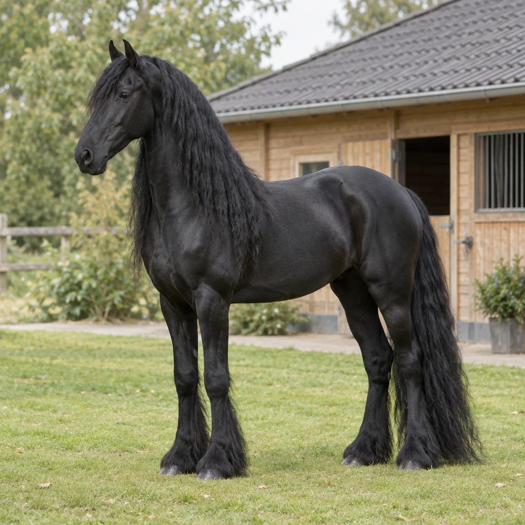 Schwarzes Pferd mit langer Mähne, üppigem Schweif und Behang an den Hufen steht auf Gras vor einem Holzstall.