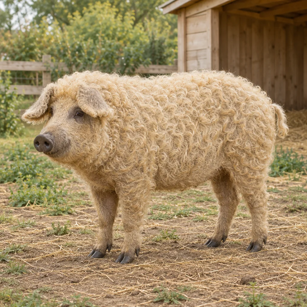 Ein helles Schwein mit lockigem Fell und dunklen Klauen steht vor einem Unterstand aus Holz.