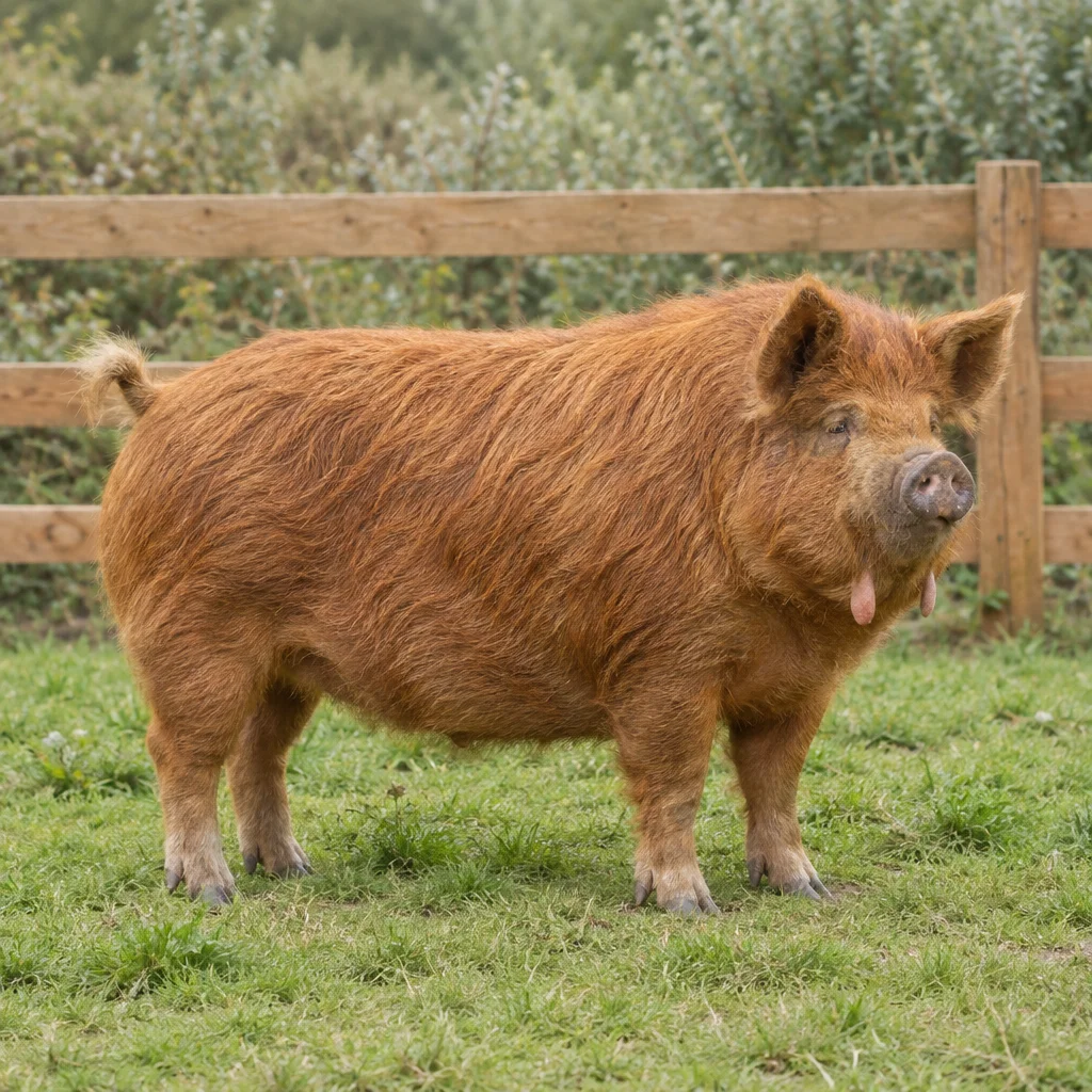Ein rotbraunes, langhaariges Schwein steht auf Gras vor einem Holzzaun. Alle vier Beine sind zu sehen. Unter dem Kiefer hängen zwei kleine Quasten.
