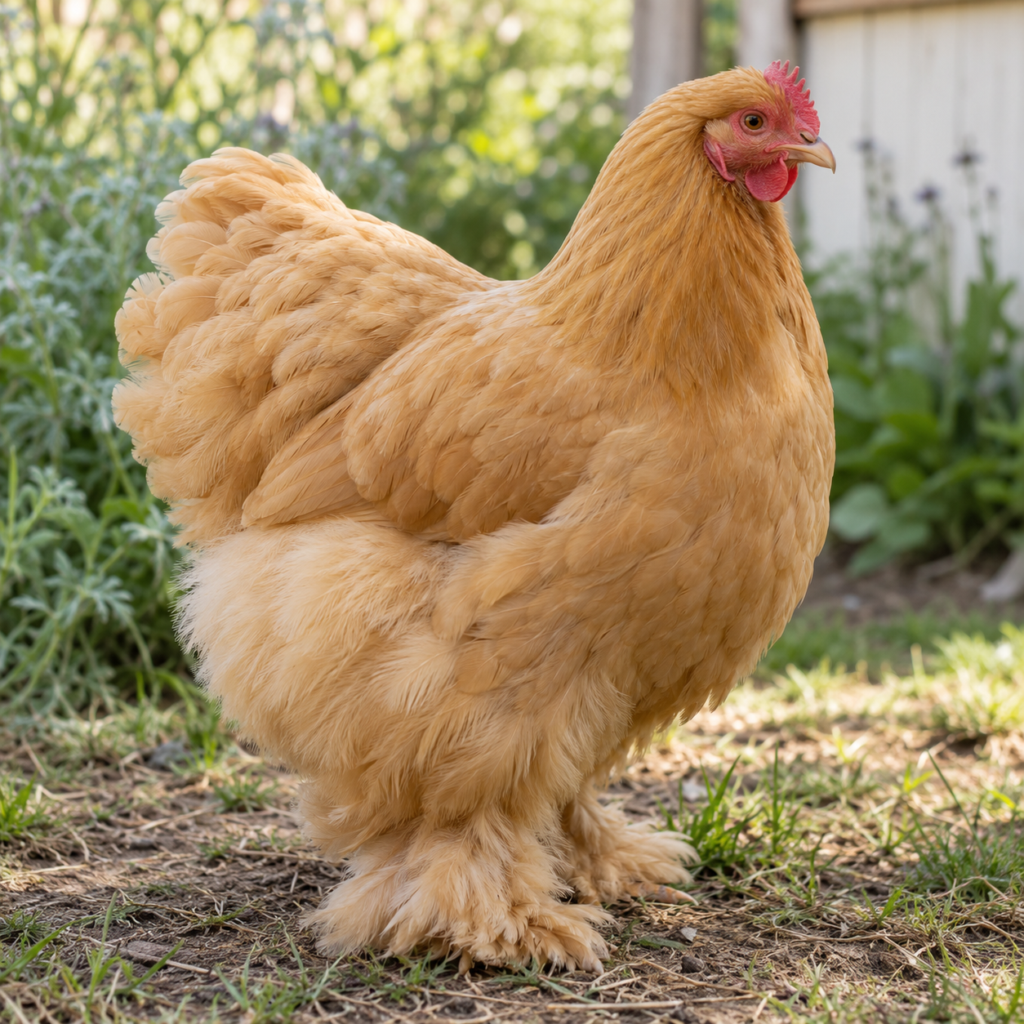 Bufffarbene Cochin Henne mit befiederten Beinen