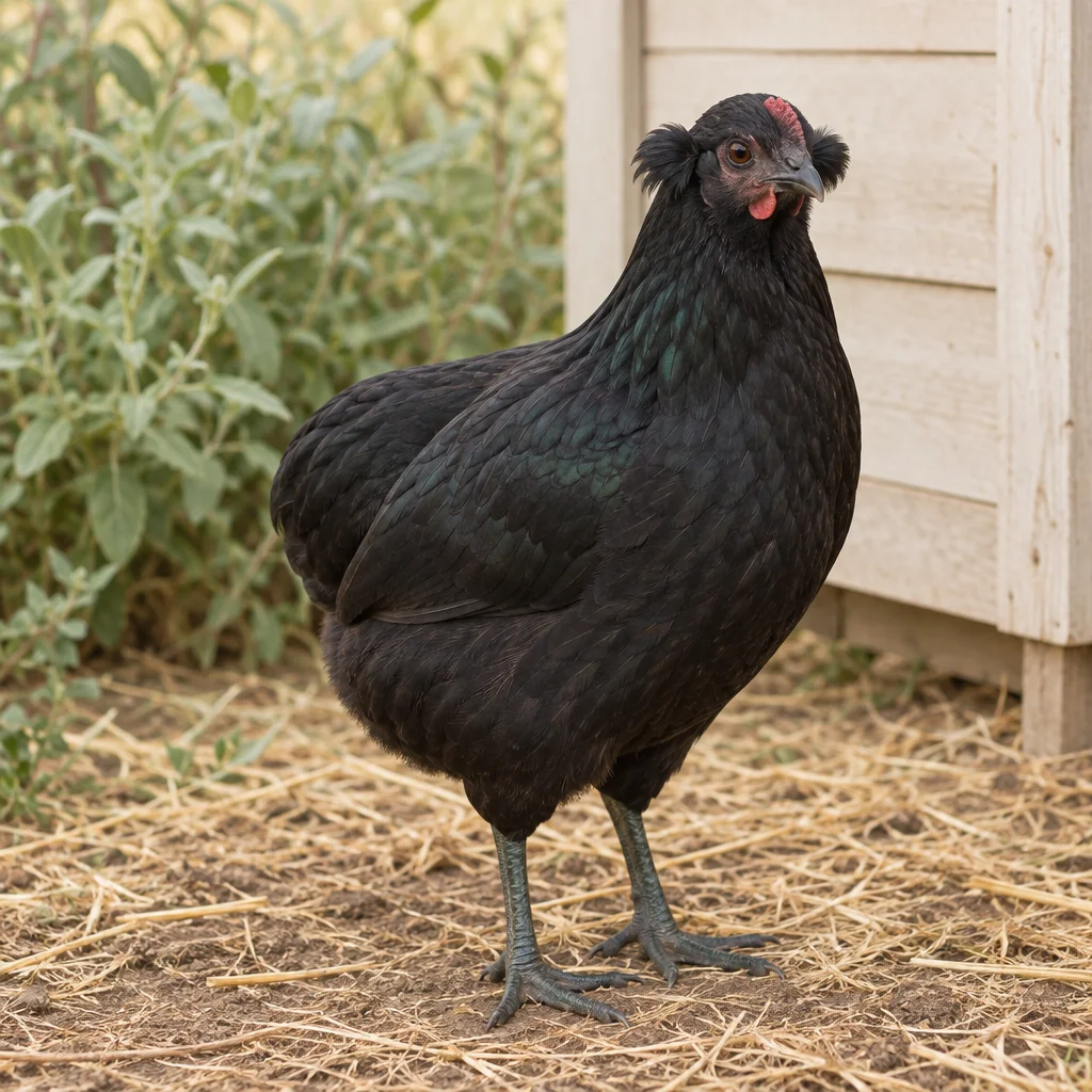 Schwarzes Huhn ohne sichtbaren Schwanz, mit Federbüscheln seitlich am Kopf, steht auf Stroh neben einem Stall aus hellem Holz.