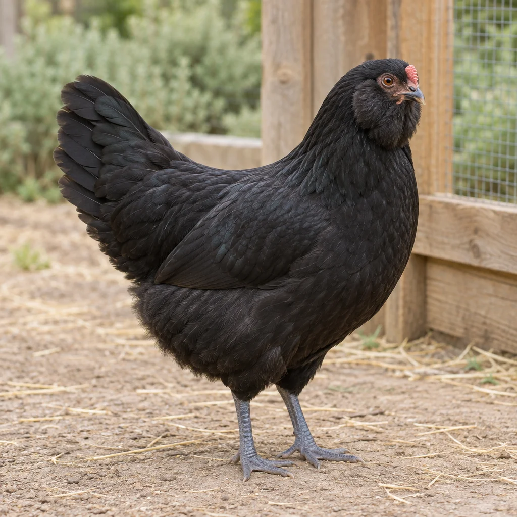 Schwarze Henne mit vollen Wangenfedern, einem kleinen roten Kamm, einem Schwanz und schiefergrauen Beinen auf einem Hof bei einem Hühnerauslauf aus Holz.