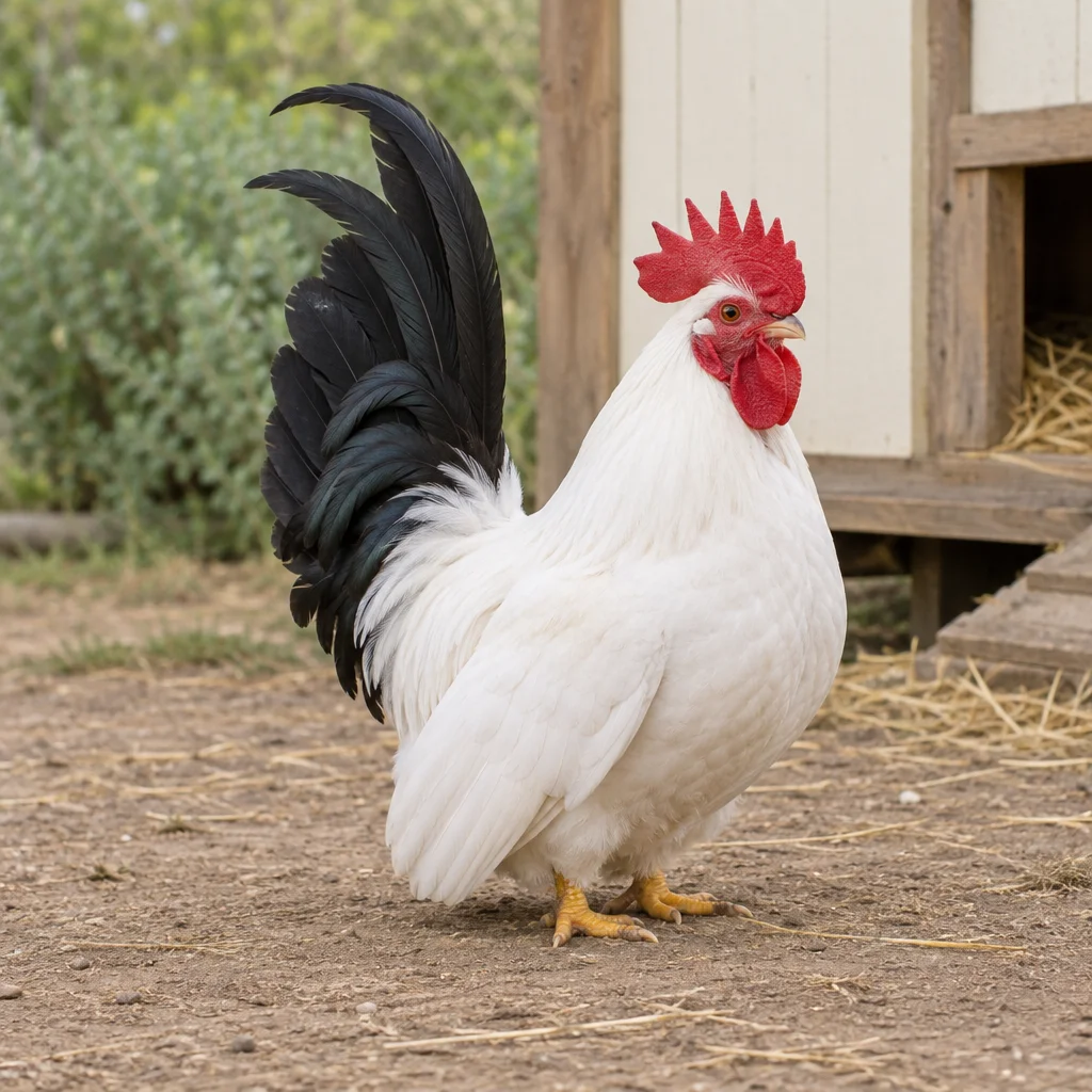 Weißer Hahn mit schwarzem, aufrecht stehendem Schwanz, rotem Kamm und kurzen gelben Beinen an einem Hühnerstall.