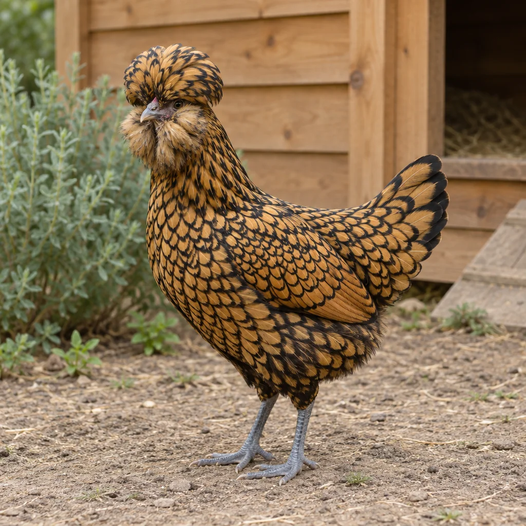 Goldfarbenes Huhn mit schwarzen Federrändern, runder Haube, vollem Bart und blaugrauen Beinen auf einem Hof bei einem Holzstall.