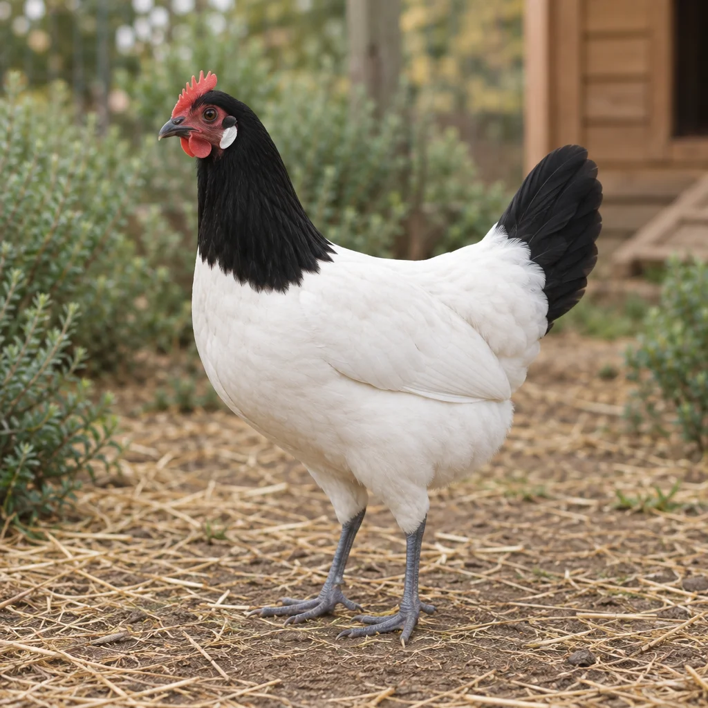 Schwarzweiße Henne mit schwarzem Kopf, Hals und Schwanz, weißem Rumpf und blaugrauen Beinen in einem Auslauf mit Stroh.