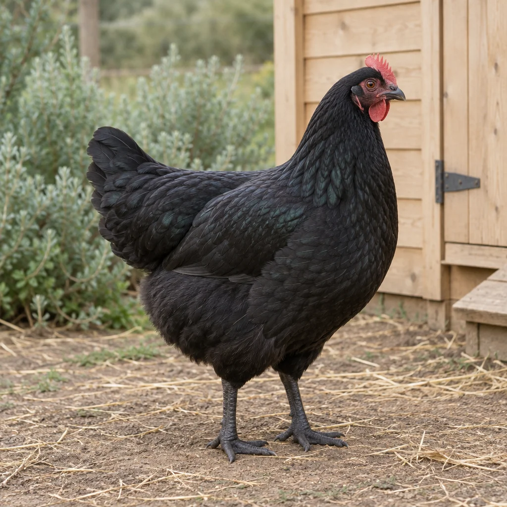 Schwarzes Huhn mit rotem Kamm und dunklen Beinen steht auf einem Hof vor einem hölzernen Hühnerstall.